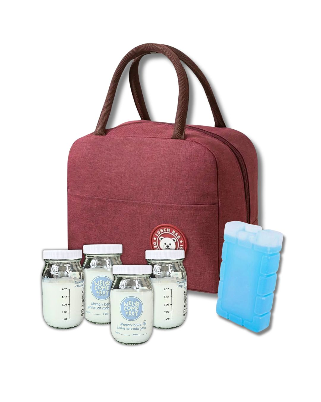 Kit de transporte de leche materna con frascos de vidrio
